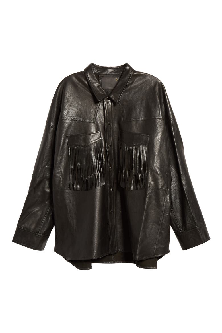 Fringe Pocket Leather Shirt Jacket, Alternate, color, BLACK