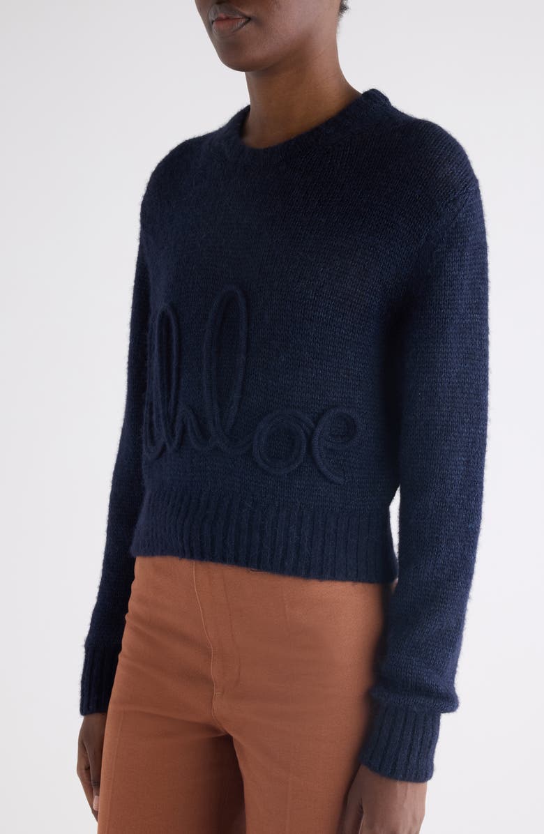 Chloé Raised Logo Alpaca & Silk Sweater, Alternate, color, Navy
