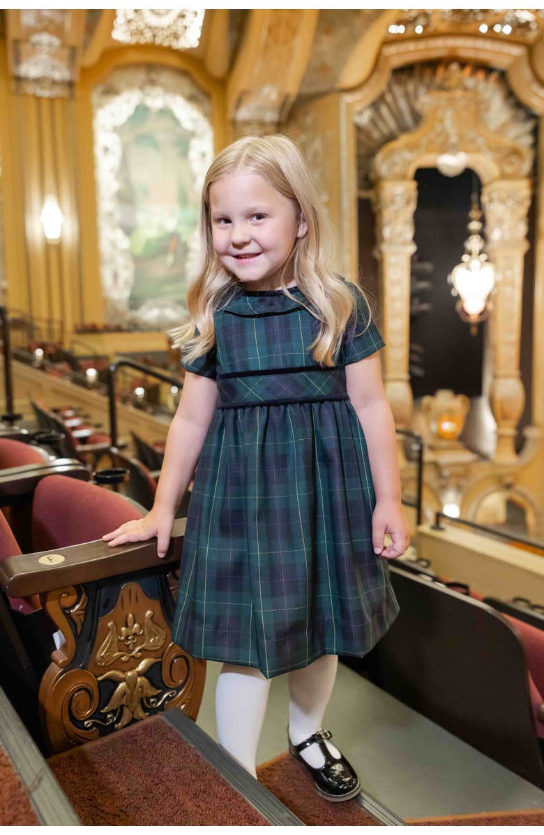 Florence Eiseman Plaid Dress With Neck Ruffle, Alternate, color, Navy, Green