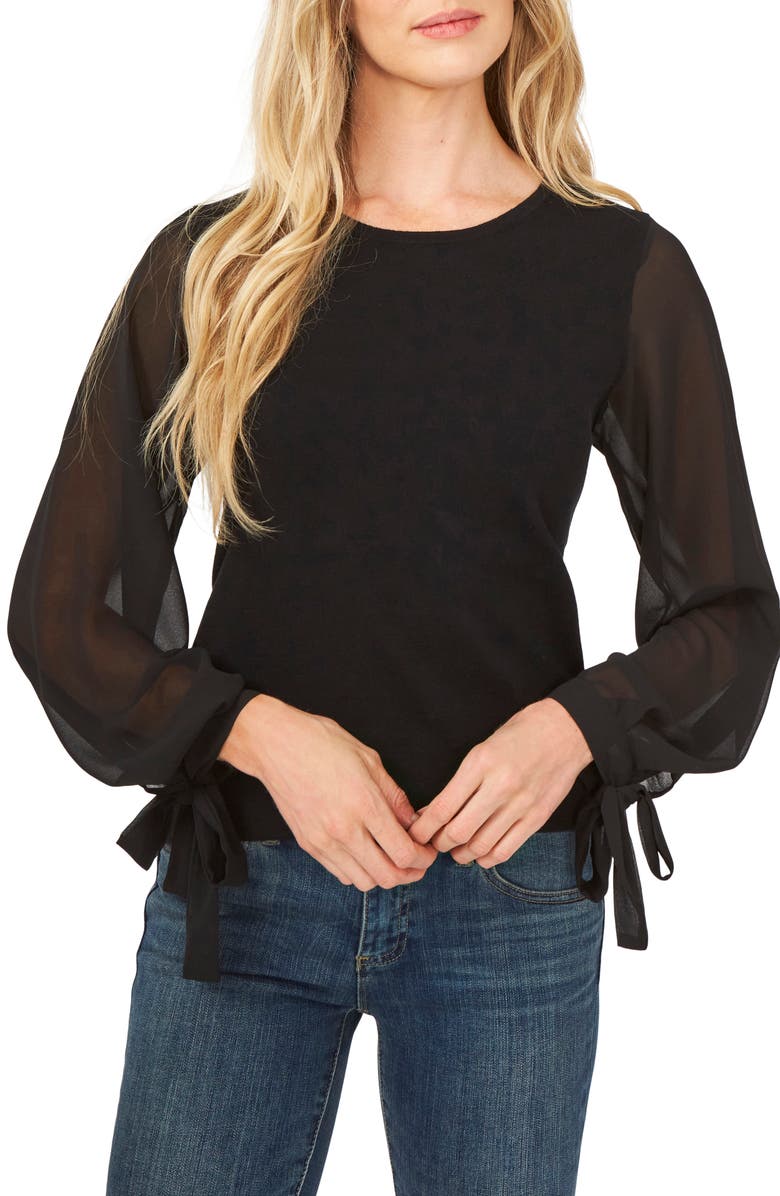 CeCe Mixed Media Tie Cuff Top, Main, color,