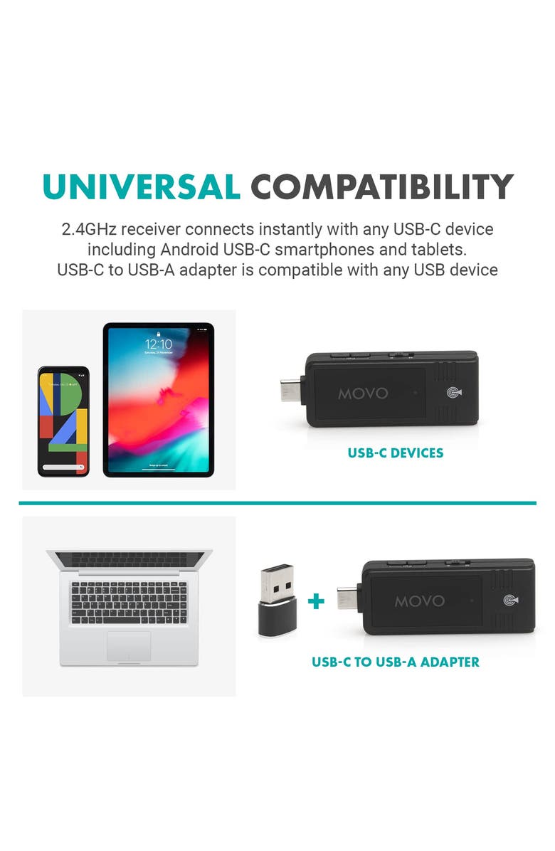 MOVO WMX-1-UL Wireless USB and USB-C Lavalier Microphone System for Computers, Alternate, color, Black