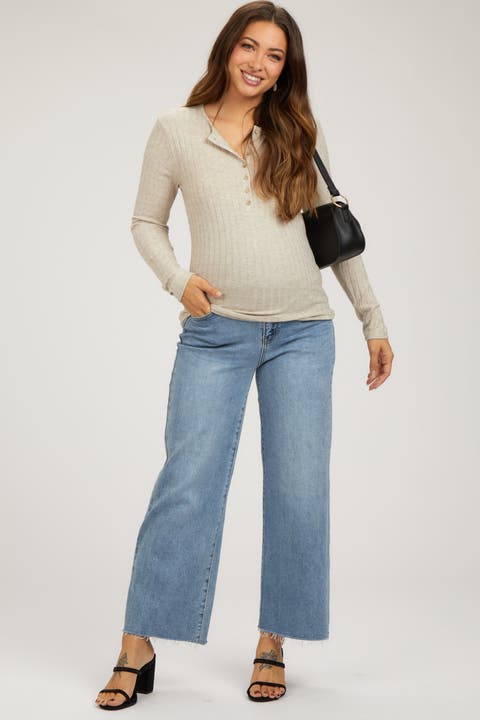 Wide Leg Raw Hem Maternity Jeans