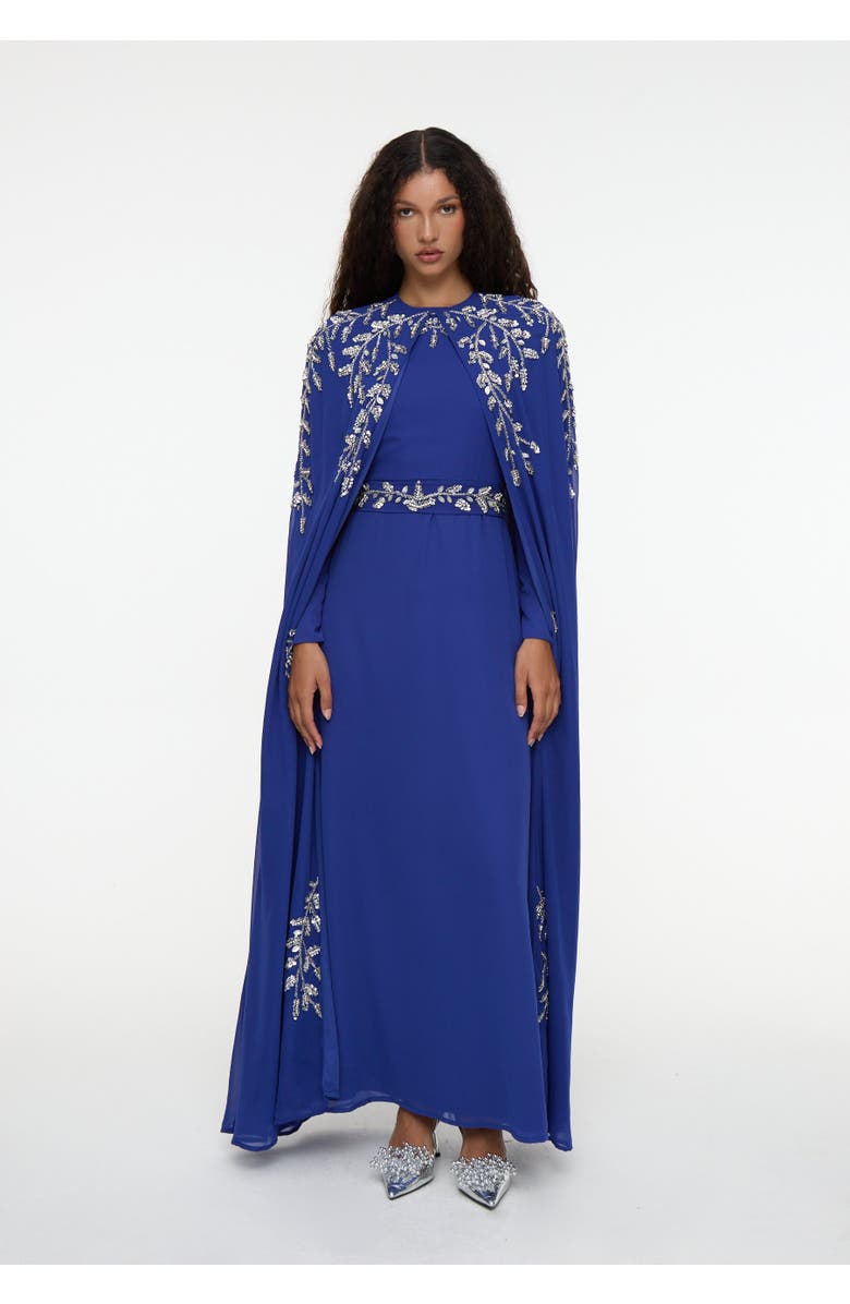MARYISA Modest Embellished Sequin Beaded Cape Dress Maxi, Alternate, color, Royal Blue