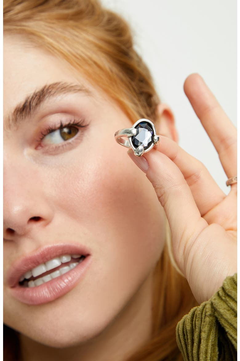 Sterling Silver Plated Ring with Black Faceted Crystal, Alternate, color, Silver