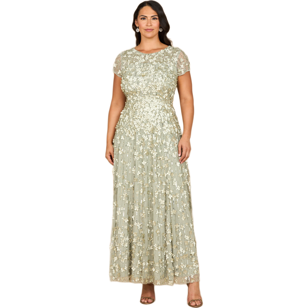 Lara New York 3d Floral Embellished Cap Sleeve Gown In Green