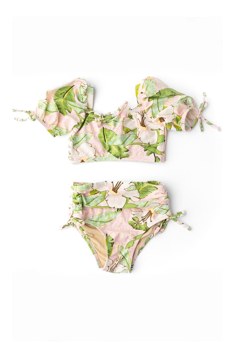 Kids' Hibiscus Botanical High Waist Two-Piece UPF 50+ Swimsuit, Main, color, PINK