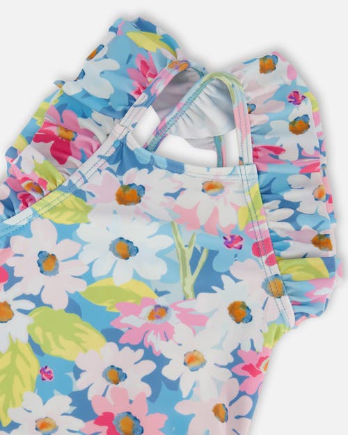 Deux Par Deux Little Girl's Printed One-piece Swimsuit With Frills White, Pink, And Green Flowers In Green