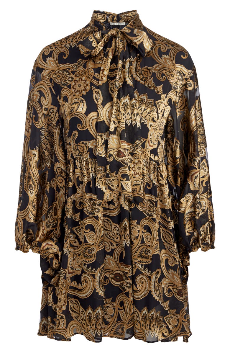 Alice + Olivia Opal Tie Neck Long Sleeve Minidress, Alternate, color, Spring Paisley Black