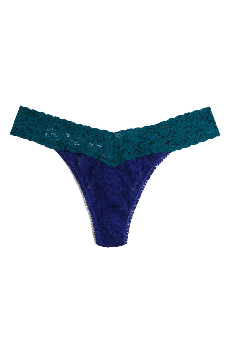 Hanky Panky Colorplay Original Lace Thong, Main, color, Midnight Blue/Enchanted Green