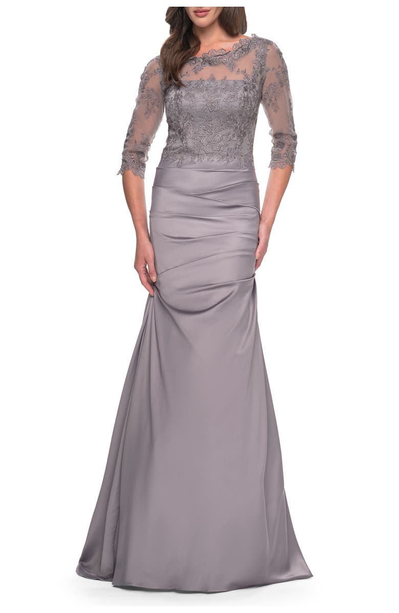 La Femme Satin and Lace Off the Shoulder Mermaid Gown, Main, color, Silver