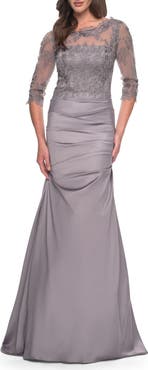 La Femme Satin and Lace Off the Shoulder Mermaid Gown