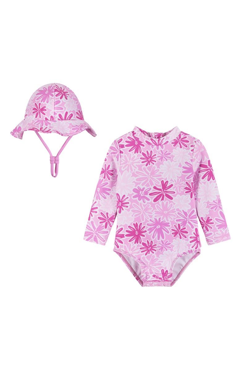 Andy & Evan One-Piece Rashguard Swimsuit & Hat Set, Main, color, Pink Floral