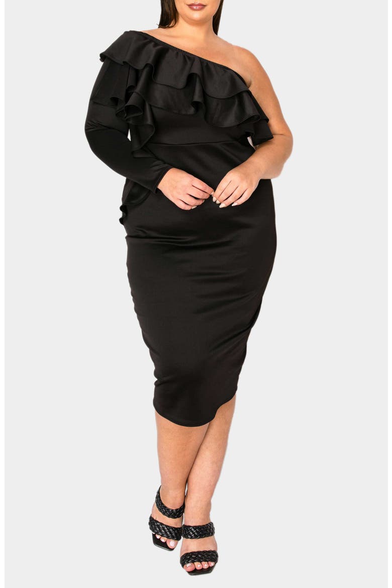 Val Ruffle One-Shoulder Midi Dress, Alternate, color, BLACK
