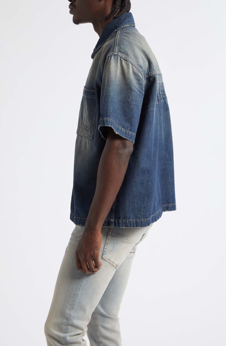 AMIRI 3D Logo Short Sleeve Snap-Up Denim Shirt, Alternate, color, Sandstone