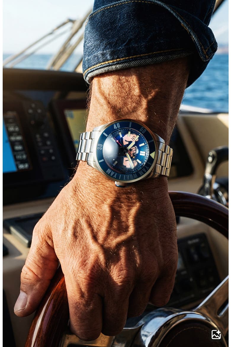 x Popeye Forearm Fury Piccard Automatic Bracelet Watch, 45mm, Alternate, color, BLUE