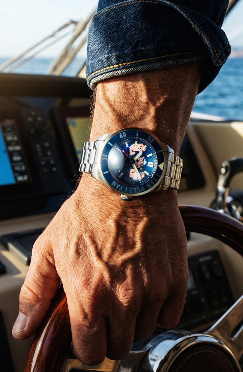 SPINNAKER x Popeye Forearm Fury Piccard Automatic Bracelet Watch, 45mm, Alternate, color, Blue