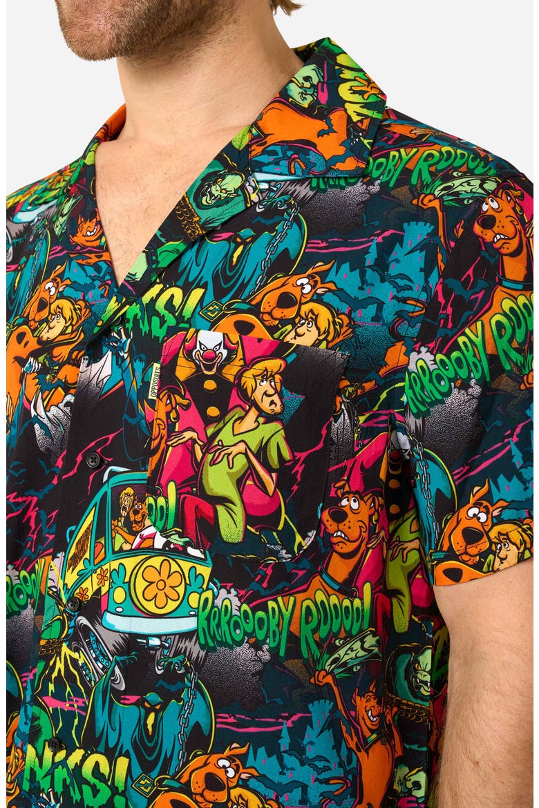 Scooby-Doo Short Sleeve Button-Up Shirt, Alternate, color, BROWN