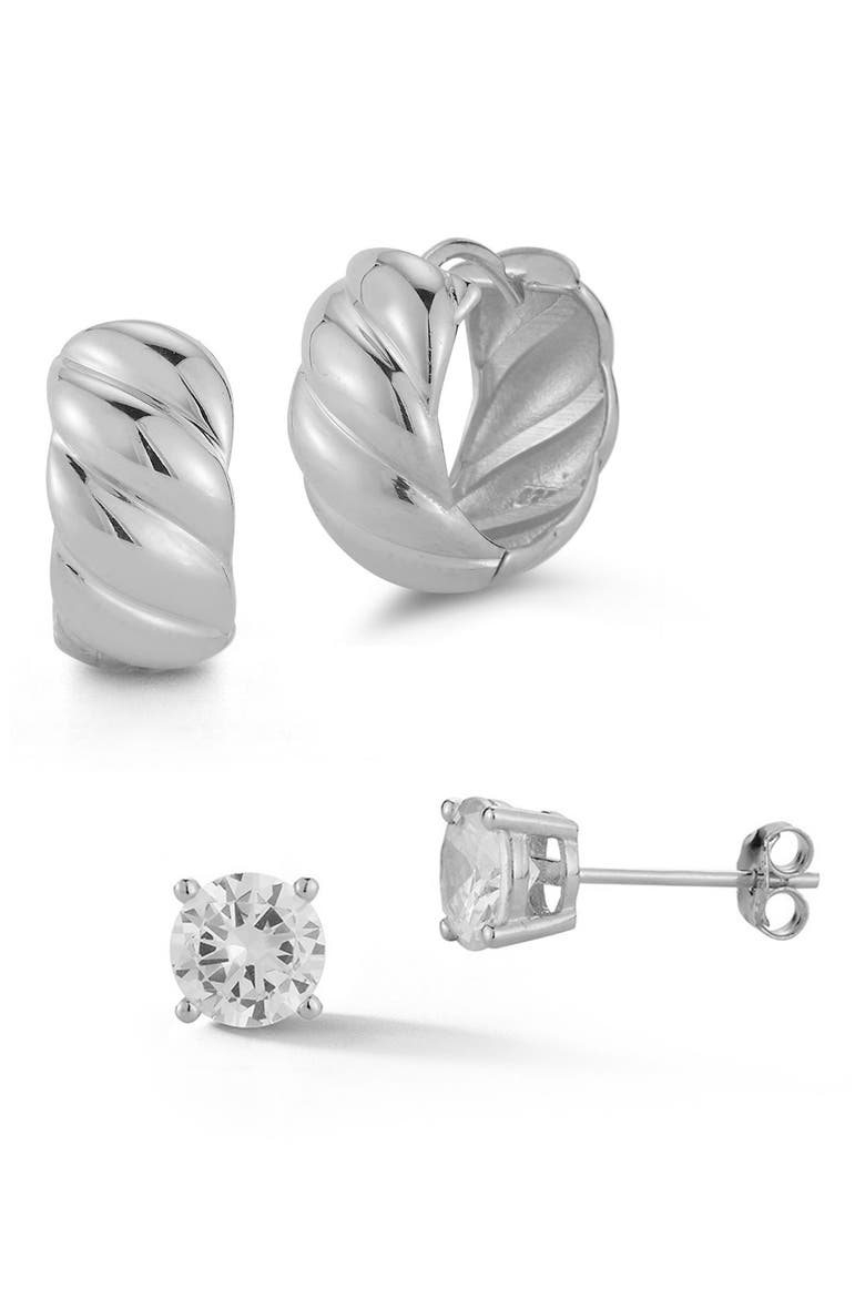 14K Gold Vermeil 2-Piece CZ Stud & Huggie Hoop Earring Set, Main, color, SILVER