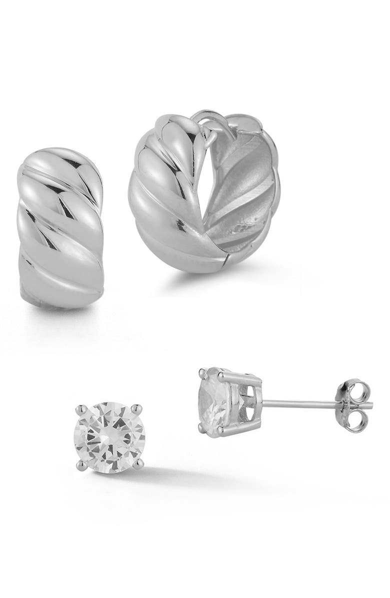 GLAZE JEWELRY 14K Gold Vermeil 2-Piece CZ Stud & Huggie Hoop Earring Set, Main, color, Silver