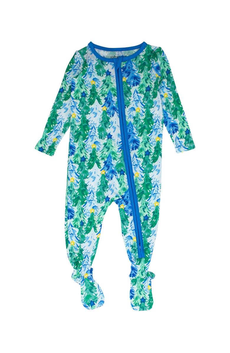RuffleButts SoftSnooze Gender Inclusive Holiday One Piece Footie Pajamas, Main, color, Blue Jolly Grove