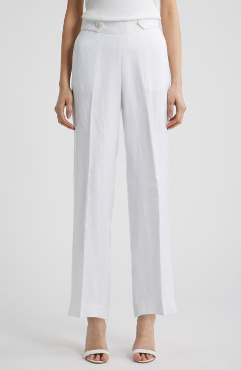 Button Tab Pull-On Linen Blend Wide Leg Pants