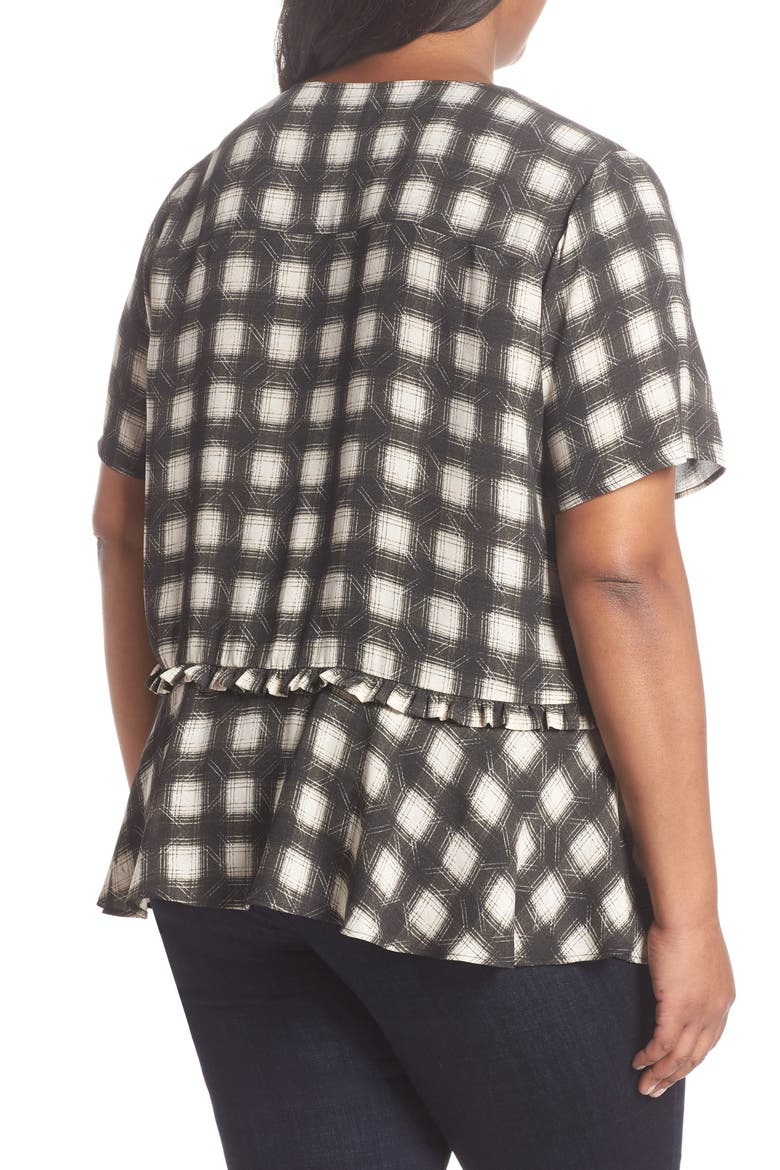 Peplum Crepe Top, Alternate, color, BLACK- TAN AVA PLAID