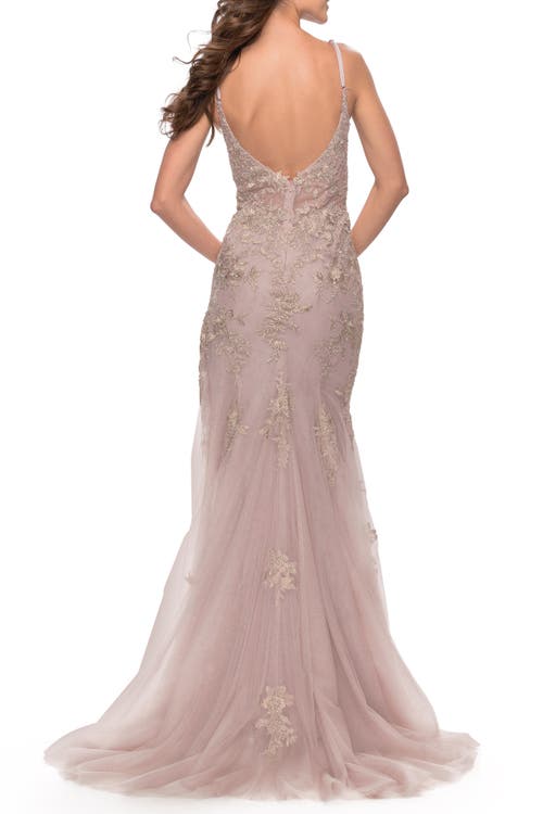 La Femme Lace Long Dress With High Side Slit And V-neckline In Neutral