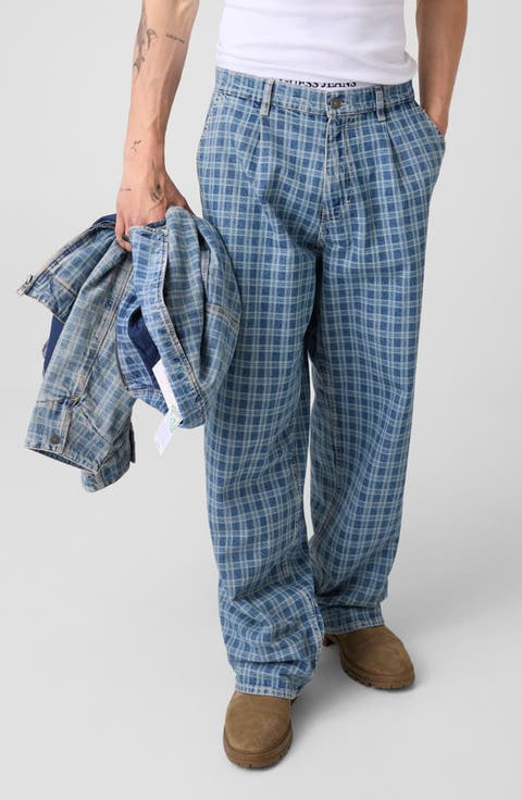 Laser Plaid Pleated Super Baggy Jeans