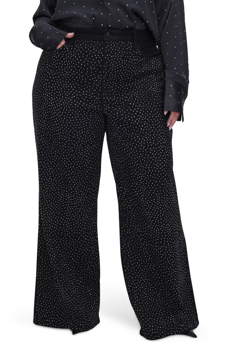 Good American Good Ease Rhinestone Wide Leg Jeans, Alternate, color, Black323