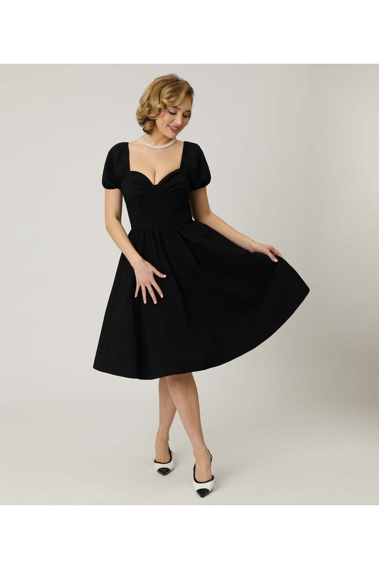 Sweetheart Puff Sleeve Swing Dress, Main, color, Solid Black