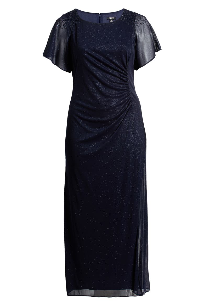 Flutter Sleeve Metallic Gown, Alternate, color, NAVY