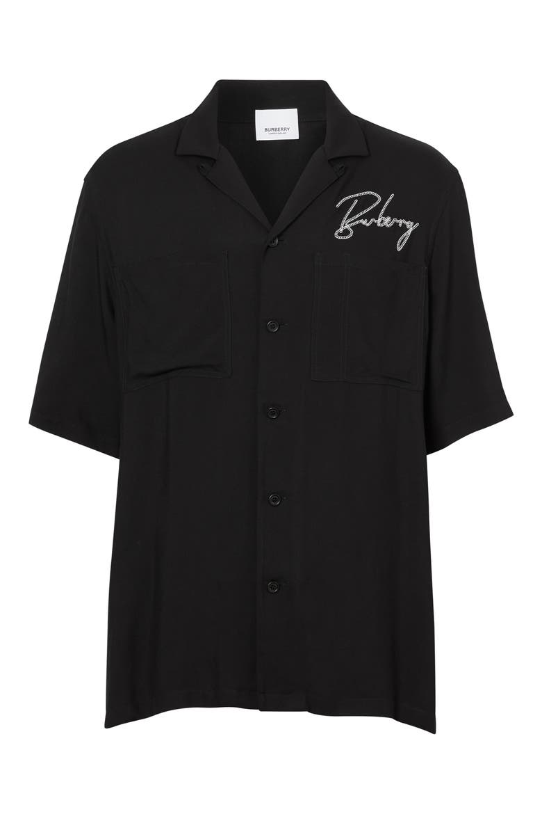 Randall Logo Embroidered Short Sleeve Button-Up Camp Shirt, Alternate, color, BLACK
