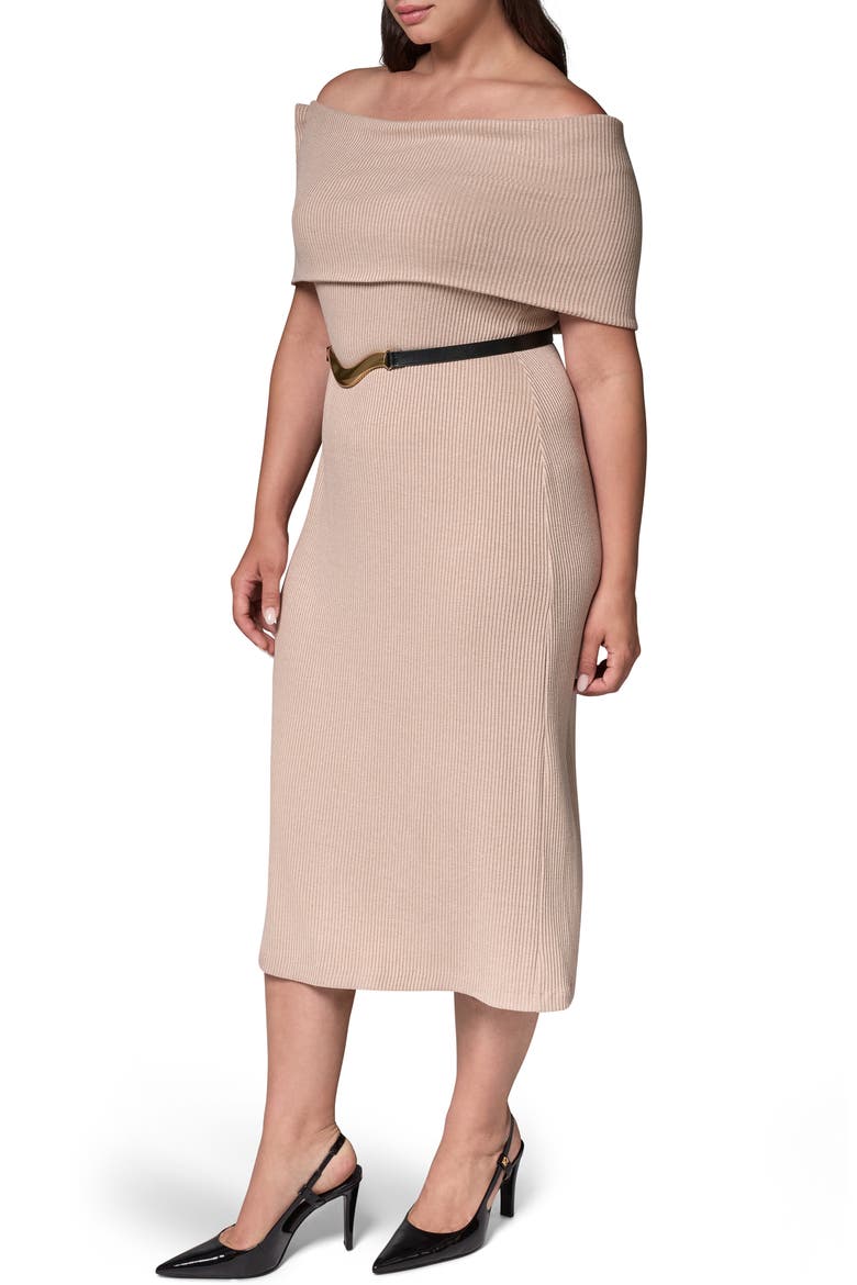 Off the Shoulder Belted Knit Dress, Alternate, color, CAMEL