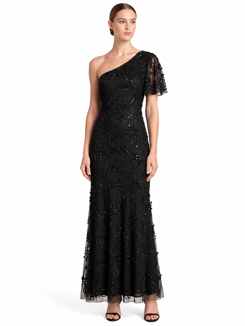 3D Floral Embellished One Shoulder Gown