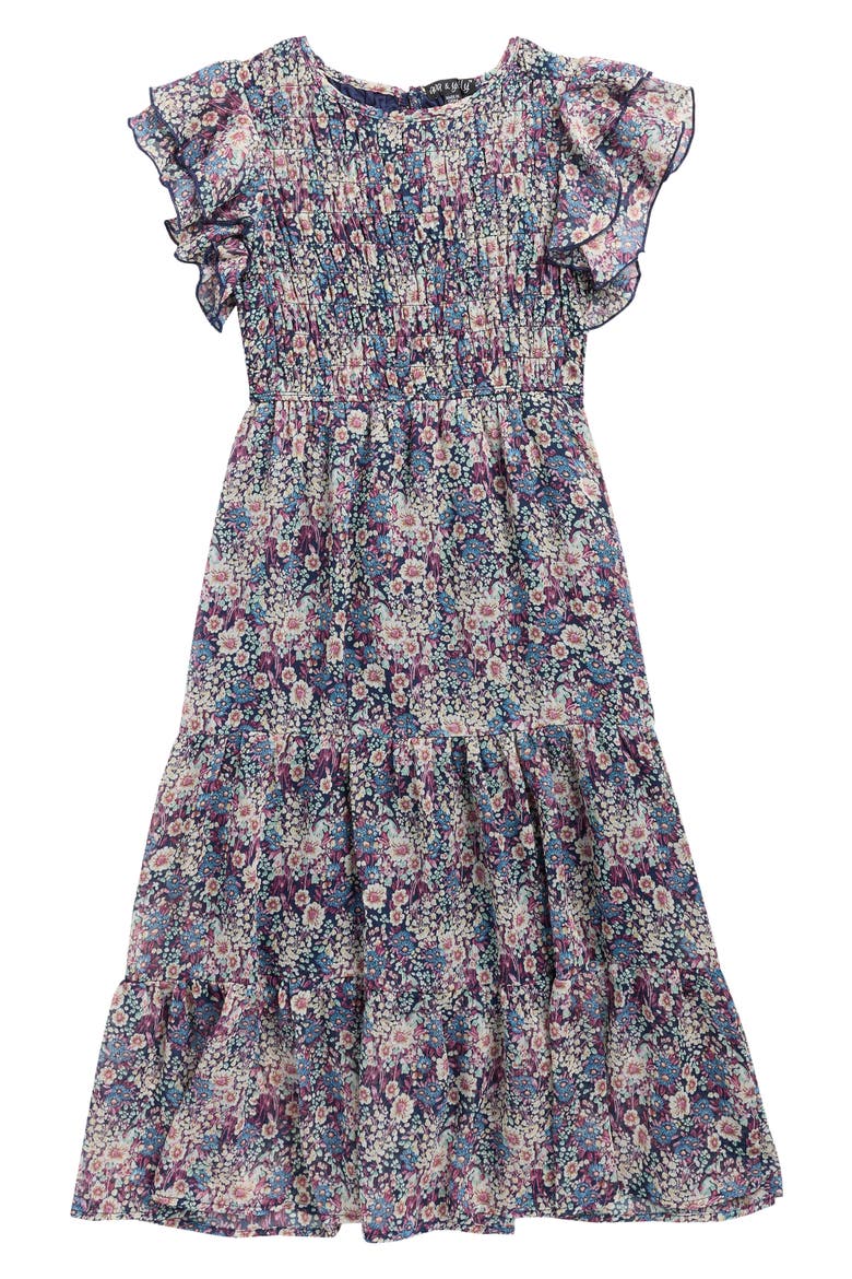 Kids' Chiffon Smocked Ruffle Maxi Dress, Main, color, NAVYPINK