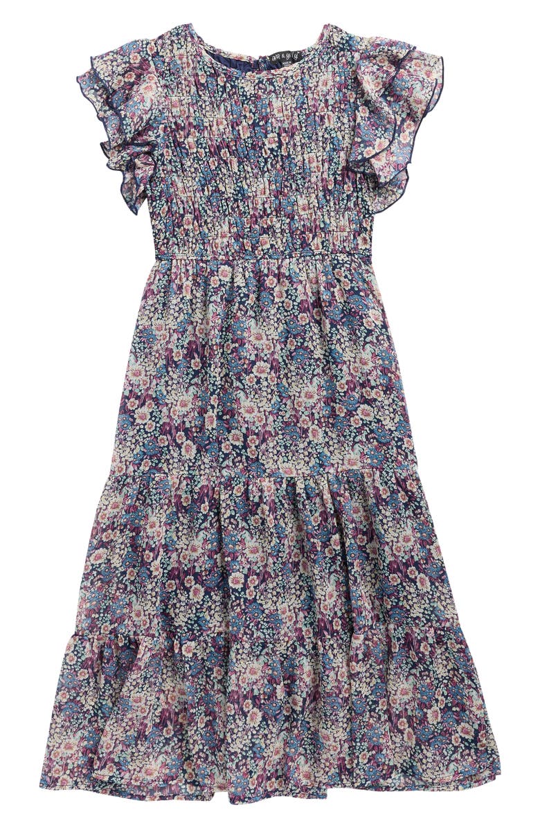 Ava & Yelly Kids' Chiffon Smocked Ruffle Maxi Dress, Main, color, Navy/ Pink Floral
