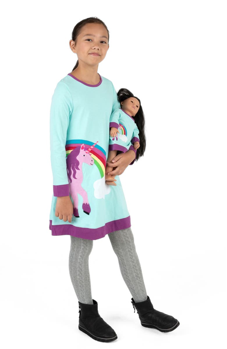 Leveret Girls Cotton Dress with Matching Doll Dress, Printed Design, Alternate, color, Aqua Unicorn