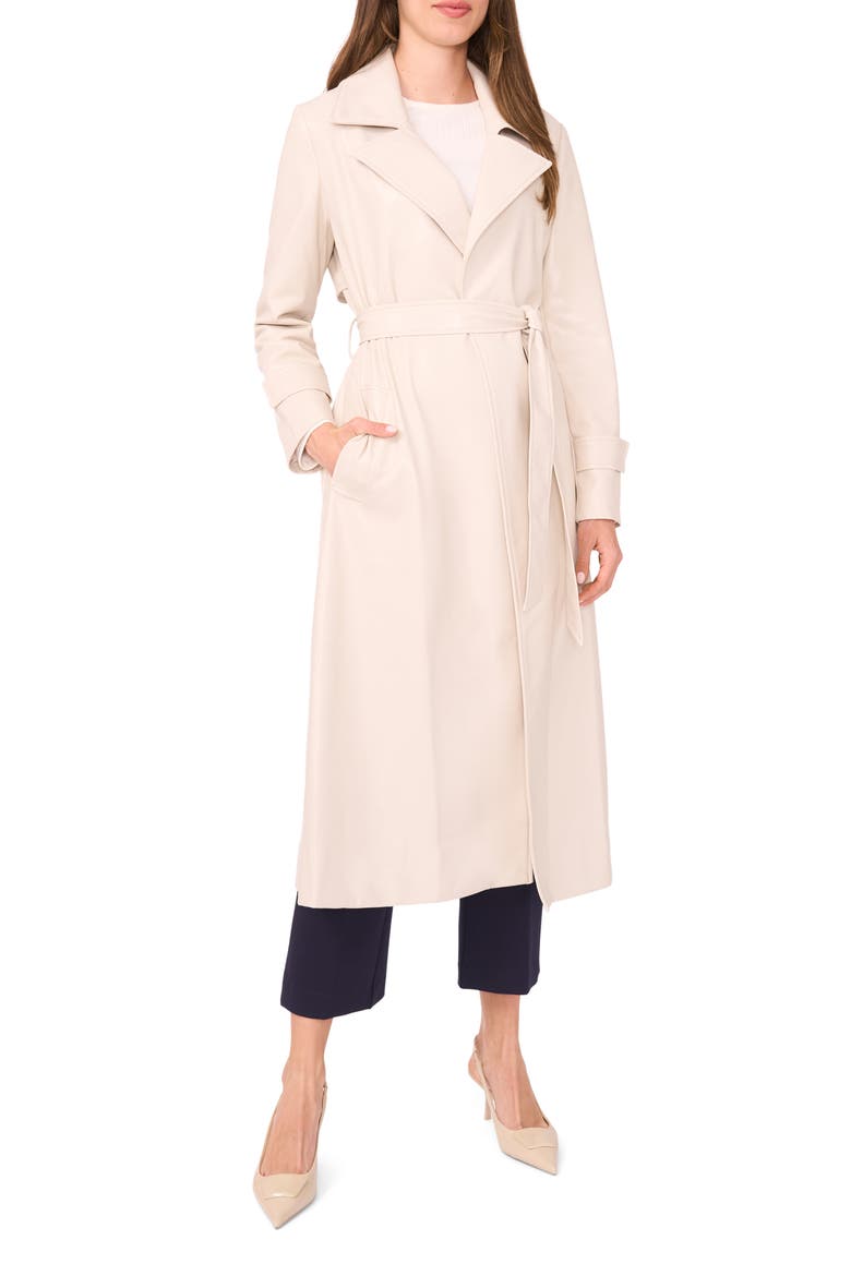 Drapey Faux Leather Belted Trench Coat, Main, color, MOONBEAM