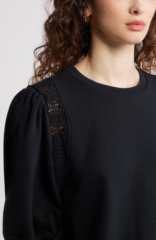 Shop Treasure & Bond Lace Inset Puff Sleeve Crop Sweatshirt In Black