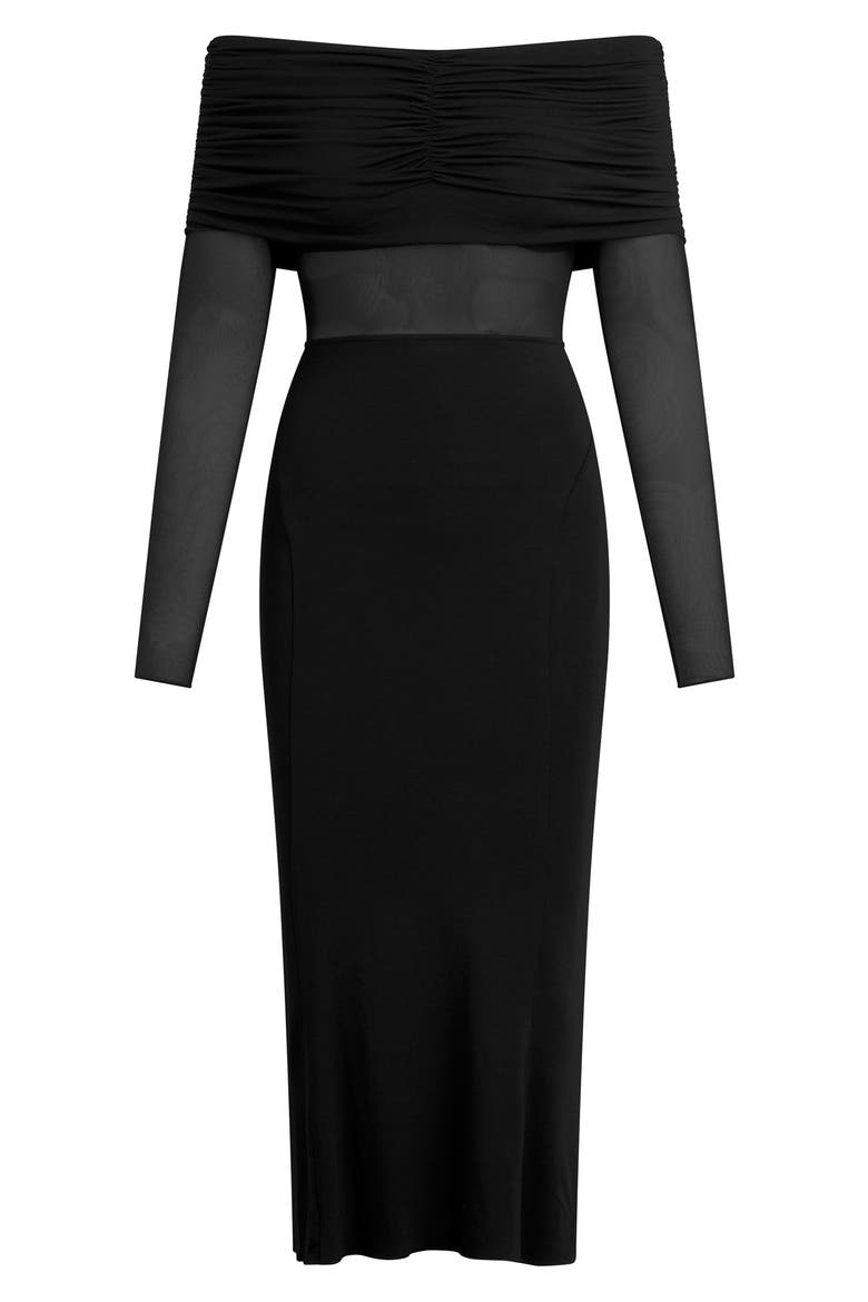The New Era Ruched Off the Shoulder Long Sleeve Midi Dress, Alternate, color, BLACK