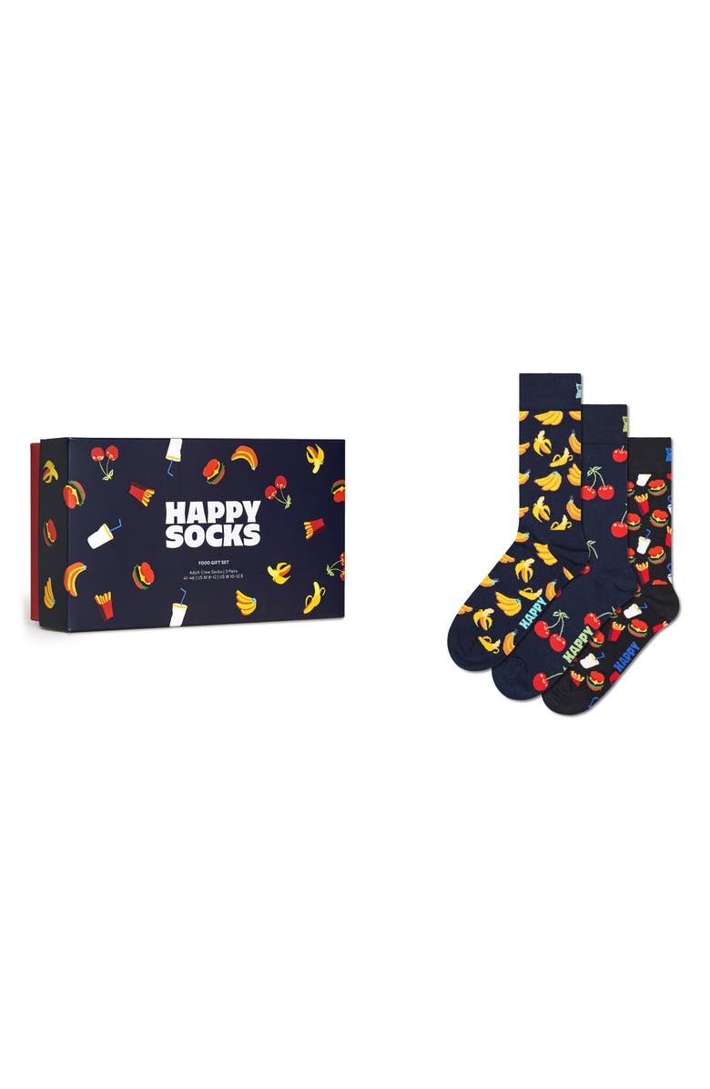 Happy Socks Assorted 3-Pack Food Crew Socks Gift Box, Alternate, color, Navy