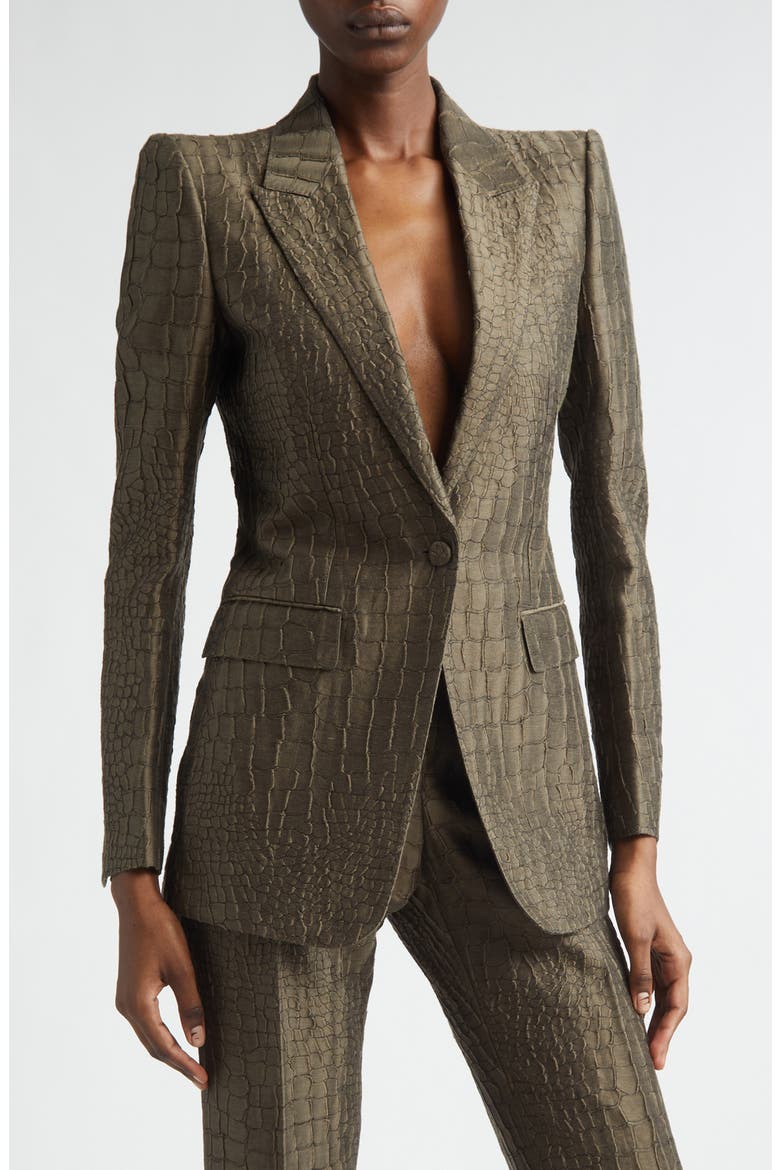 Crocodile Linen & Silk Blend Jacquard Jacket, Main, color, OLIVE GREEN