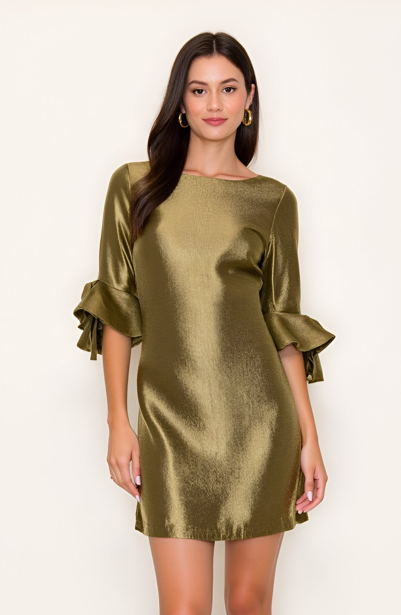 Modenaire Satin Shift Dress with Ruffle Three-Quarter Sleeves, Main, color, 