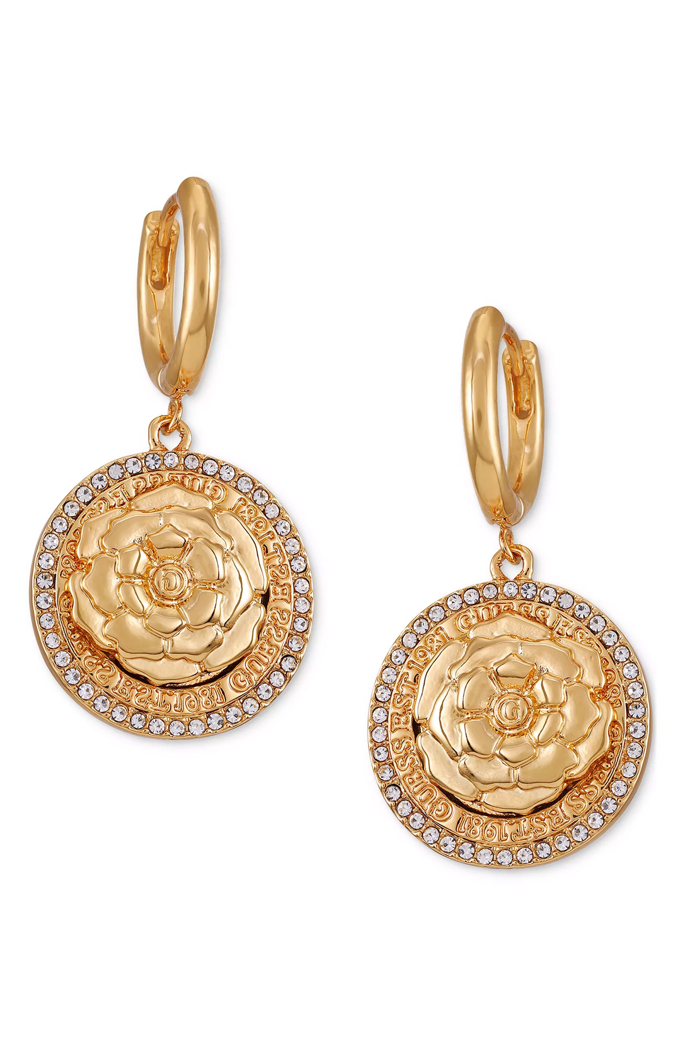 Crystal Halo Rose Drop Huggie Hoop Earrings
