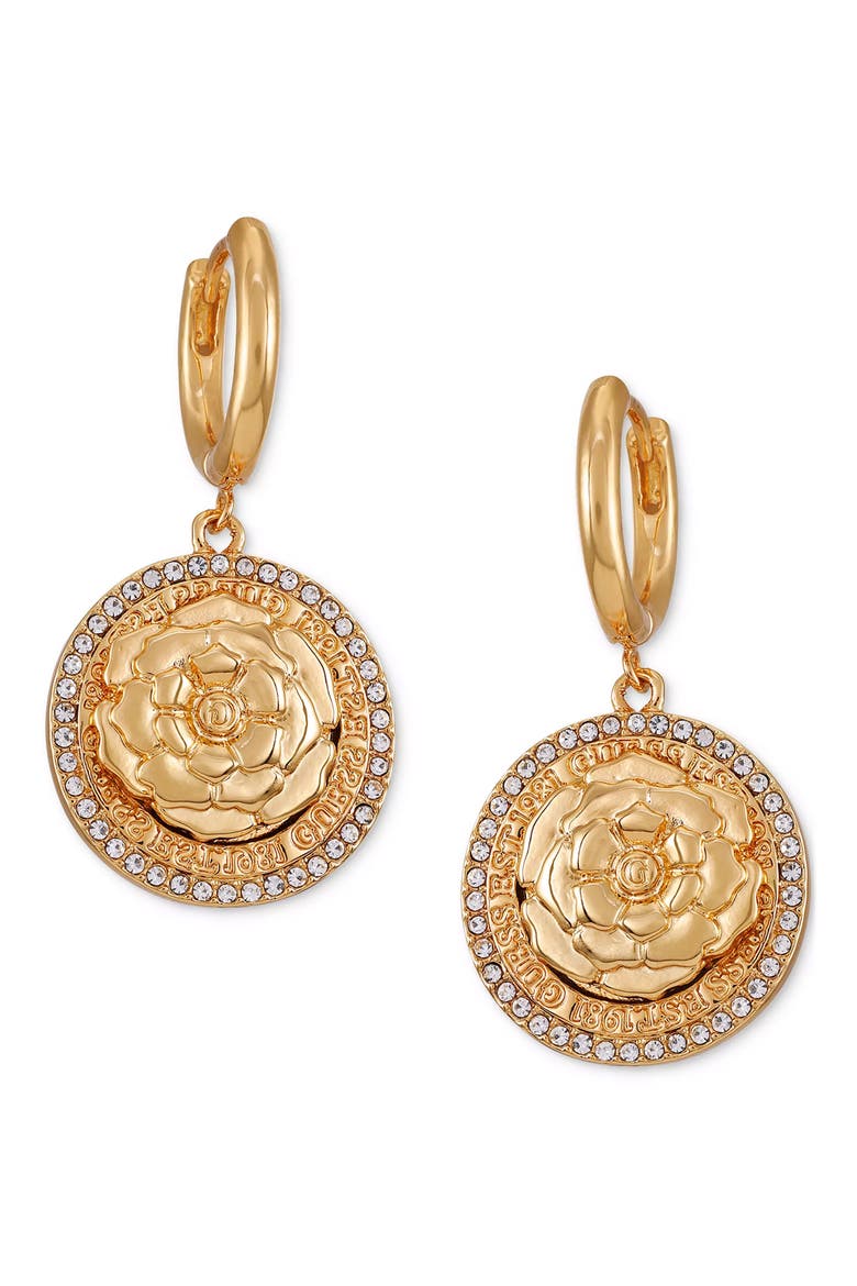 Crystal Halo Rose Drop Huggie Hoop Earrings, Main, color, GOLD