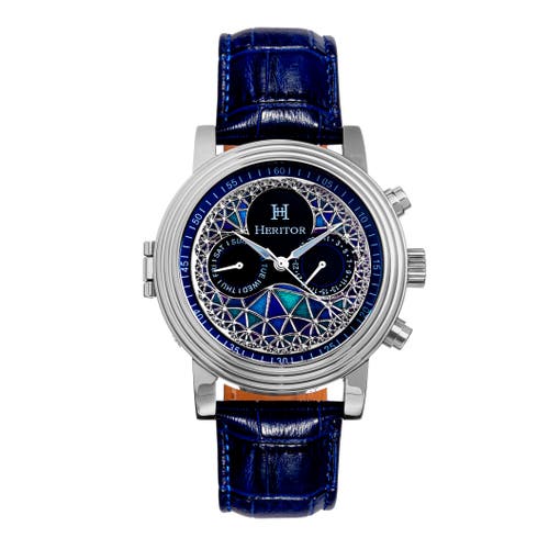Heritor Automatic Legacy Leather-Band Watch w/Day/Date in Silver/blue at Nordstrom