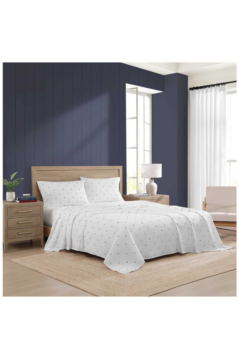 Anchor & Flag Cotton Percale Sheet Set, Alternate, color, WHITE/ DARK BLUE