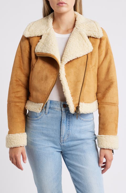 Faux Suede & High Pile Fleece Moto Jacket