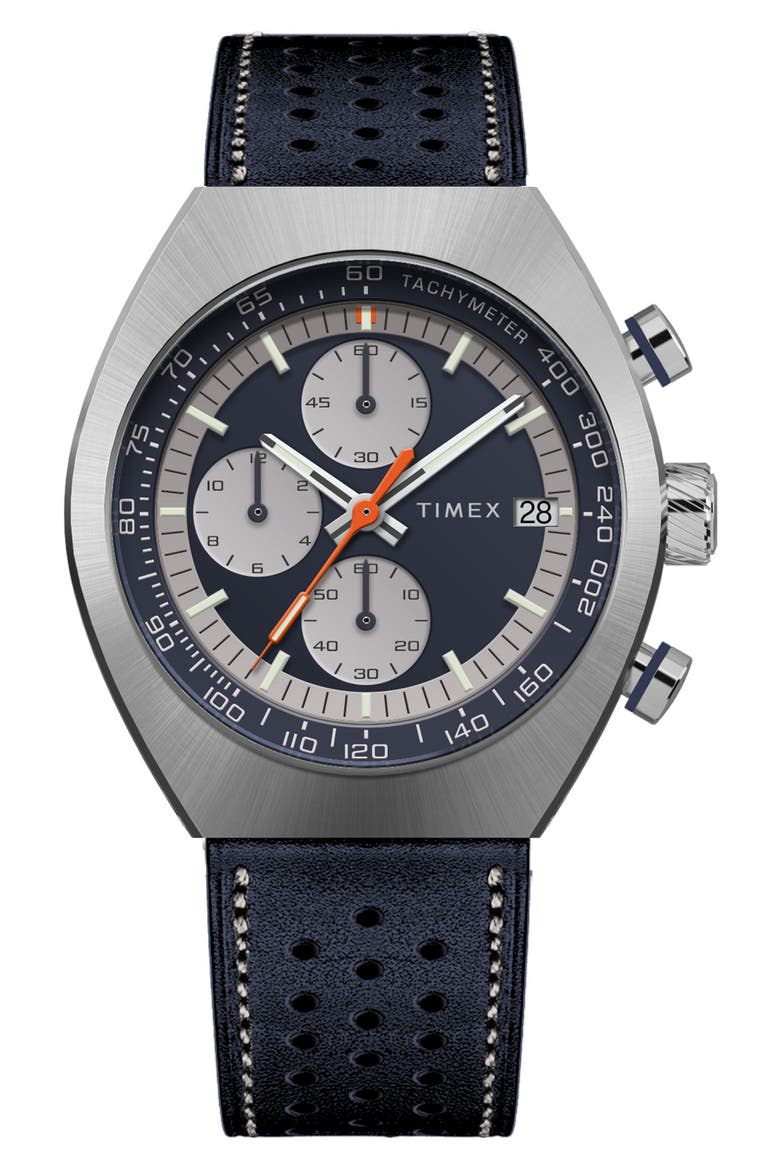 Legacy Tonneau Chronograph Leather Strap Watch, 42mm, Main, color, BLUE