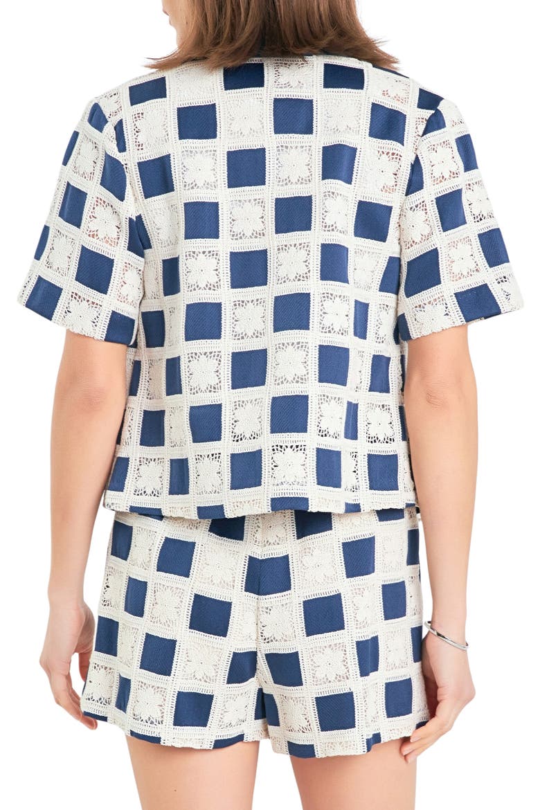 Crochet Lace Patchwork Short Sleeve Button-Up Shirt, Alternate, color, NAVY MULTI